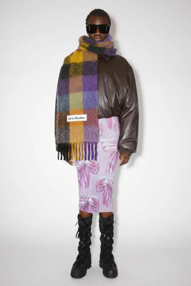 Acne Studios Scarves Woman Mohair Checked Scarf Anthracite GreyYellowPurple