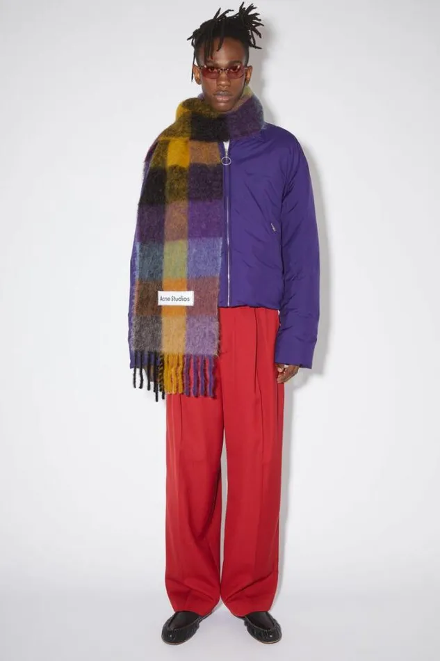 Acne Studios Scarves Woman Mohair Checked Scarf Anthracite GreyYellowPurple