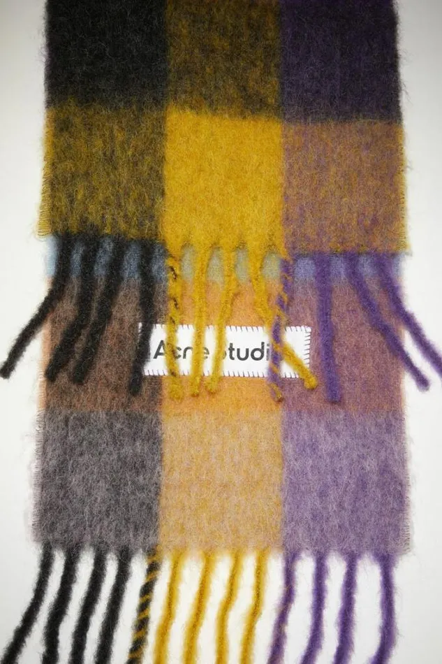 Acne Studios Scarves Woman Mohair Checked Scarf Anthracite GreyYellowPurple