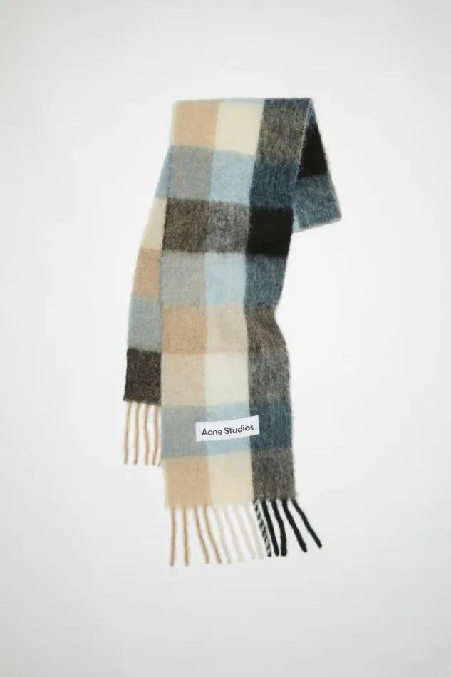 Acne Studios Scarves Woman Mohair Checked Scarf BlueBeigeBlack