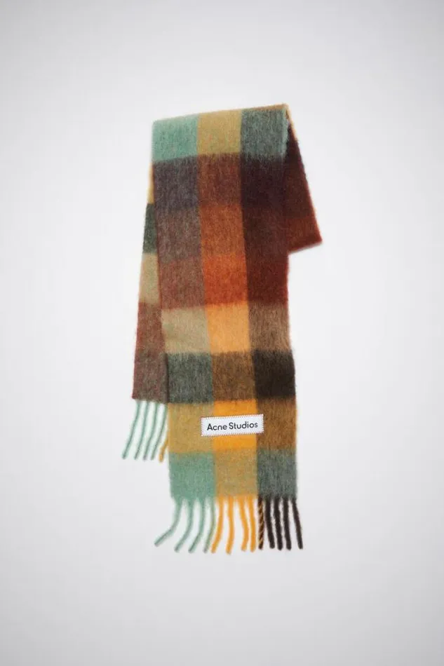 Acne Studios Scarves Woman Mohair Checked Scarf Chestnut BrownYellowGreen