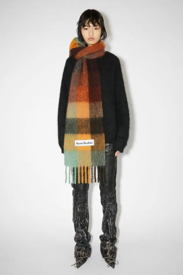Acne Studios Scarves Woman Mohair Checked Scarf Chestnut BrownYellowGreen