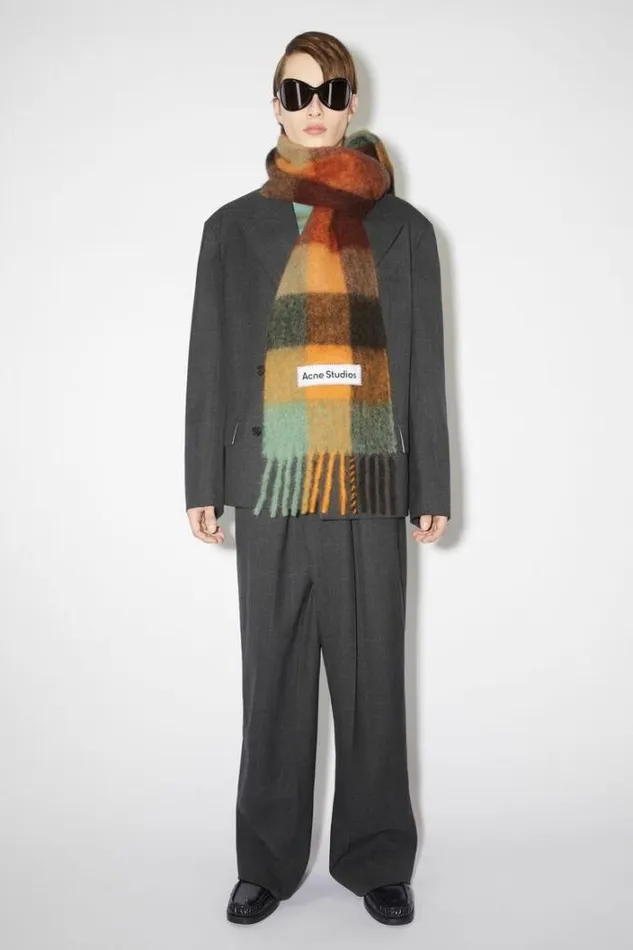 Acne Studios Scarves Woman Mohair Checked Scarf Chestnut BrownYellowGreen