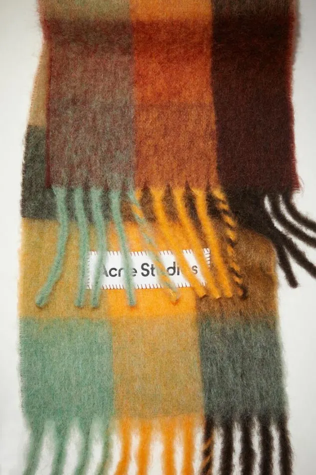 Acne Studios Scarves Woman Mohair Checked Scarf Chestnut BrownYellowGreen