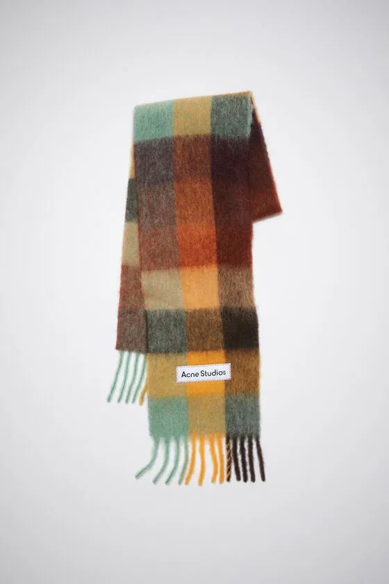 Acne Studios Scarves Woman Mohair Checked Scarf Chestnut BrownYellowGreen