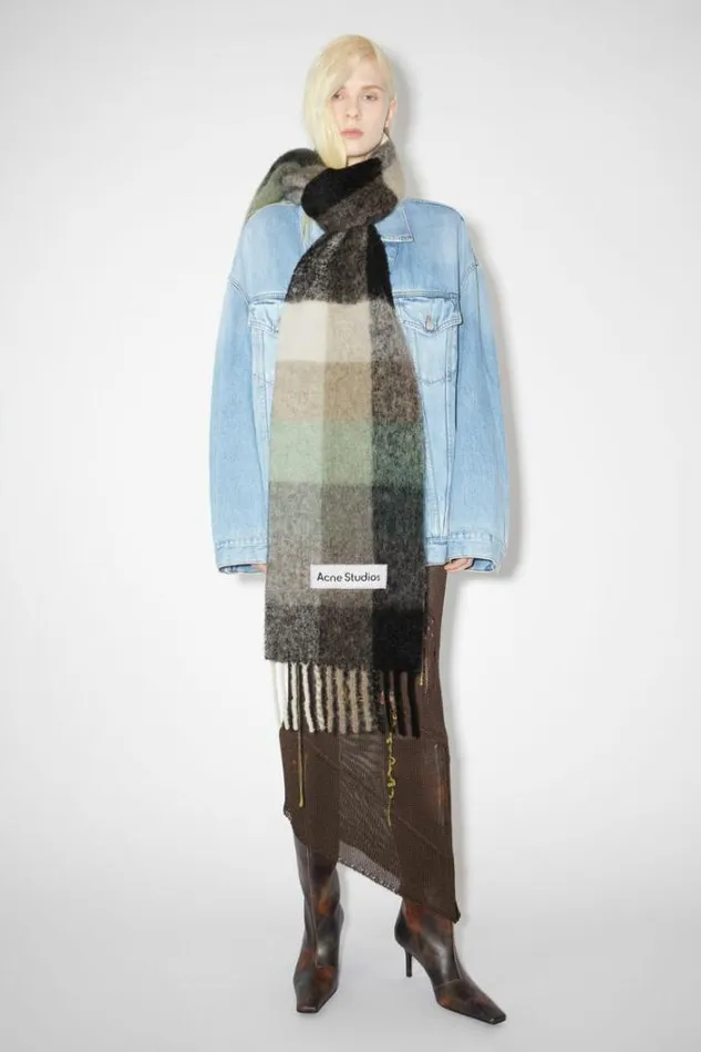 Acne Studios Scarves Woman Mohair Checked Scarf GreenGreyBlack