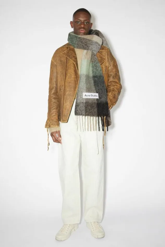 Acne Studios Scarves Woman Mohair Checked Scarf GreenGreyBlack