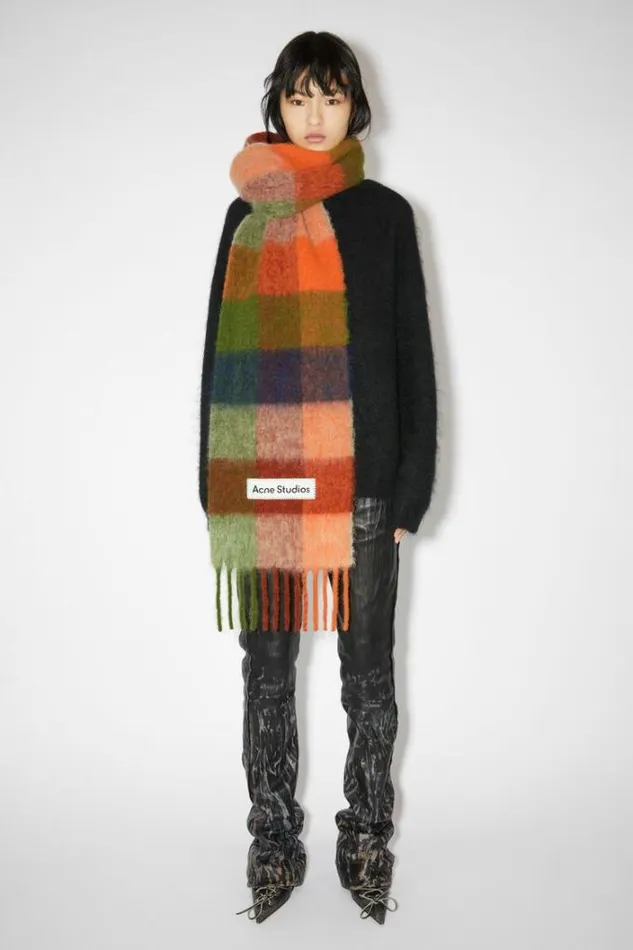 Acne Studios Scarves Woman Mohair Checked Scarf OrangeGreen