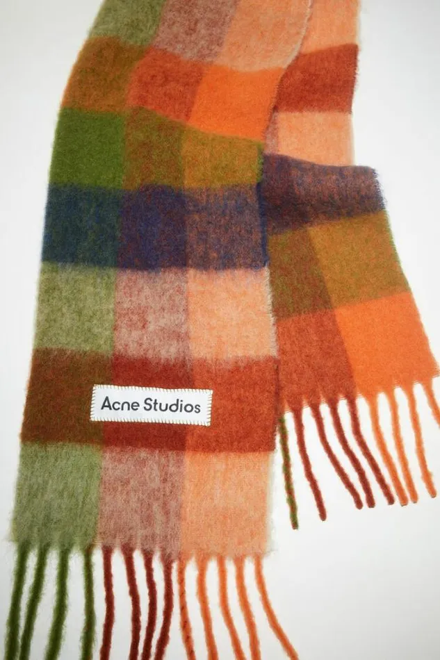 Acne Studios Scarves Woman Mohair Checked Scarf OrangeGreen