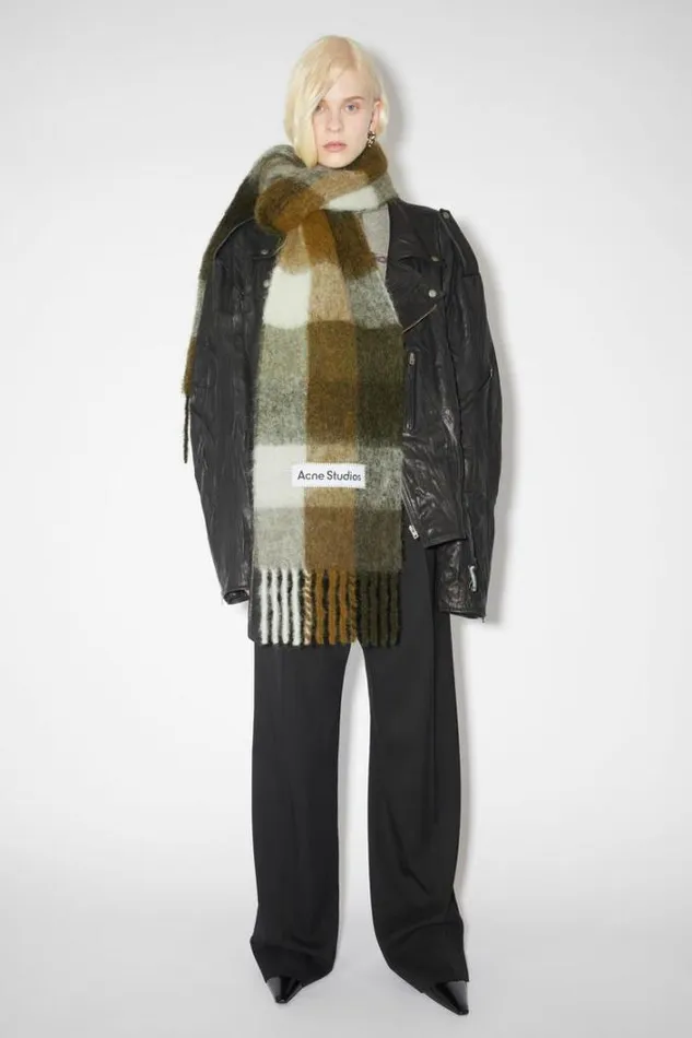 Acne Studios Scarves Woman Mohair Checked Scarf TaupeGreenBlack