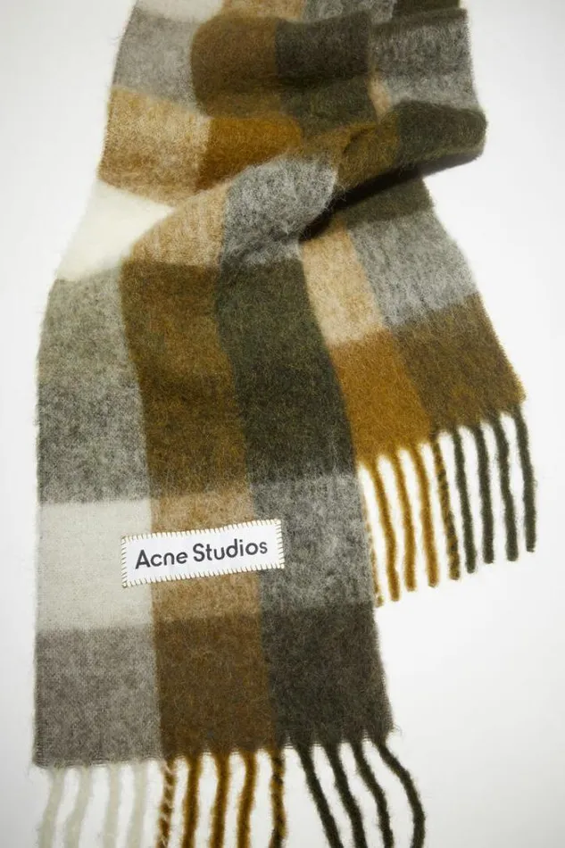 Acne Studios Scarves Woman Mohair Checked Scarf TaupeGreenBlack