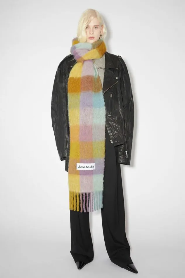 Acne Studios Scarves Woman Mohair Checked Scarf VioletYellowBlue