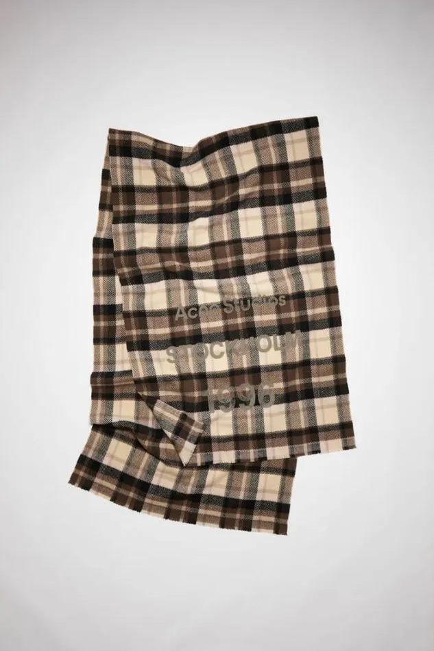 Acne Studios Scarves Woman Wool Logo Print Checked Scarf BrownBeige