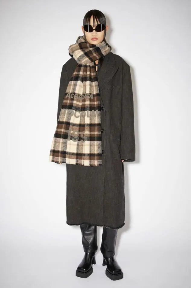 Acne Studios Scarves Woman Wool Logo Print Checked Scarf BrownBeige