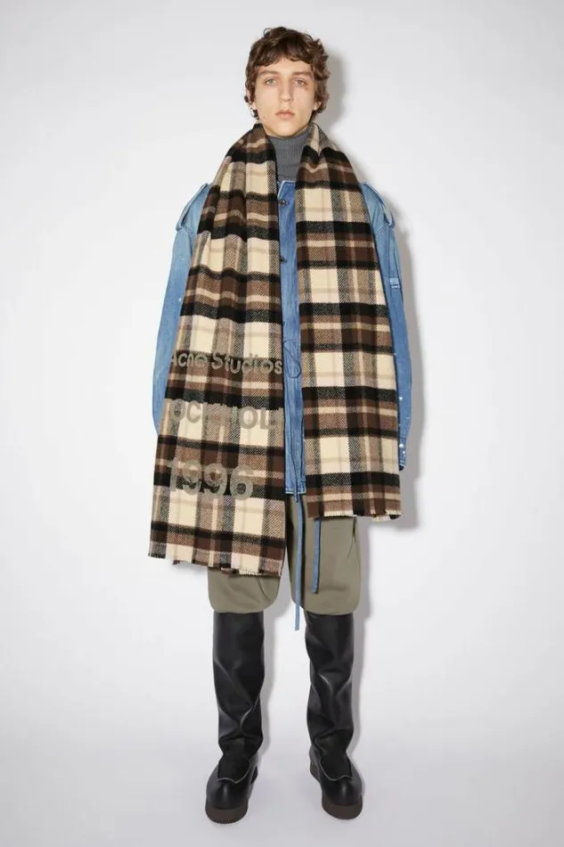 Acne Studios Scarves Woman Wool Logo Print Checked Scarf BrownBeige