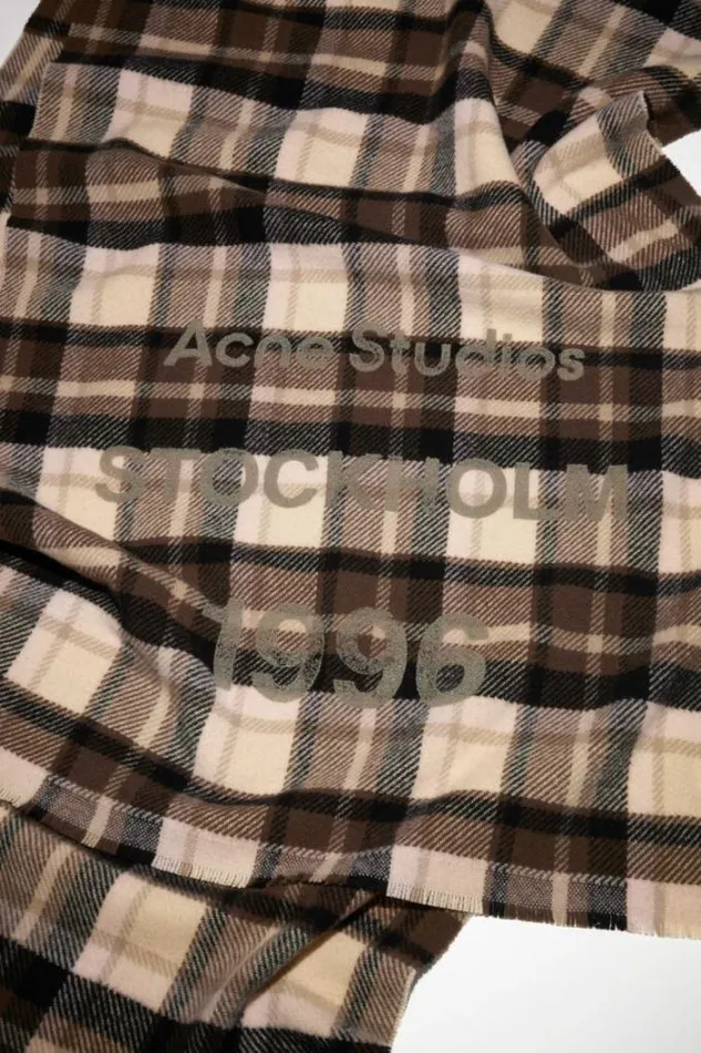 Acne Studios Scarves Woman Wool Logo Print Checked Scarf BrownBeige