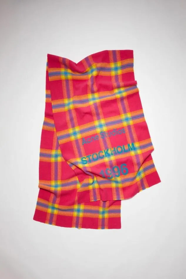 Acne Studios Scarves Woman Wool Logo Print Checked Scarf FuchsiaYellow