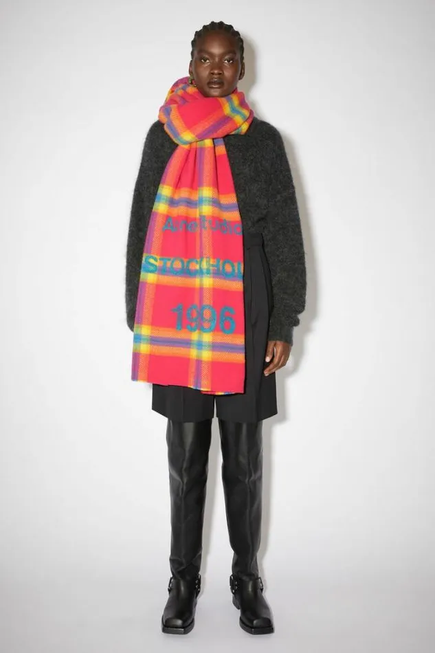 Acne Studios Scarves Woman Wool Logo Print Checked Scarf FuchsiaYellow