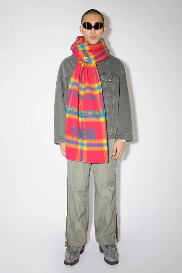 Acne Studios Scarves Woman Wool Logo Print Checked Scarf FuchsiaYellow