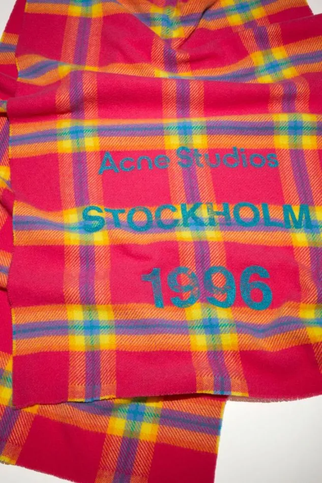 Acne Studios Scarves Woman Wool Logo Print Checked Scarf FuchsiaYellow