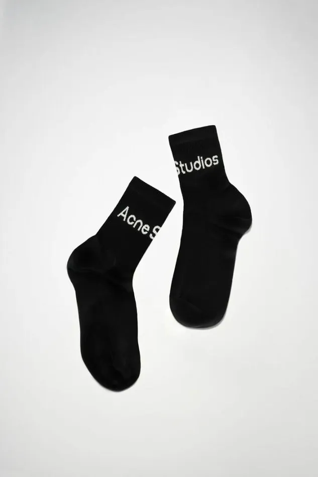 Acne Studios Socks Man Ribbed Logo Socks Black SatinGrey