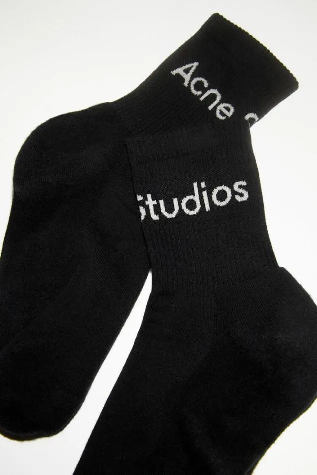 Acne Studios Socks Man Ribbed Logo Socks Black SatinGrey