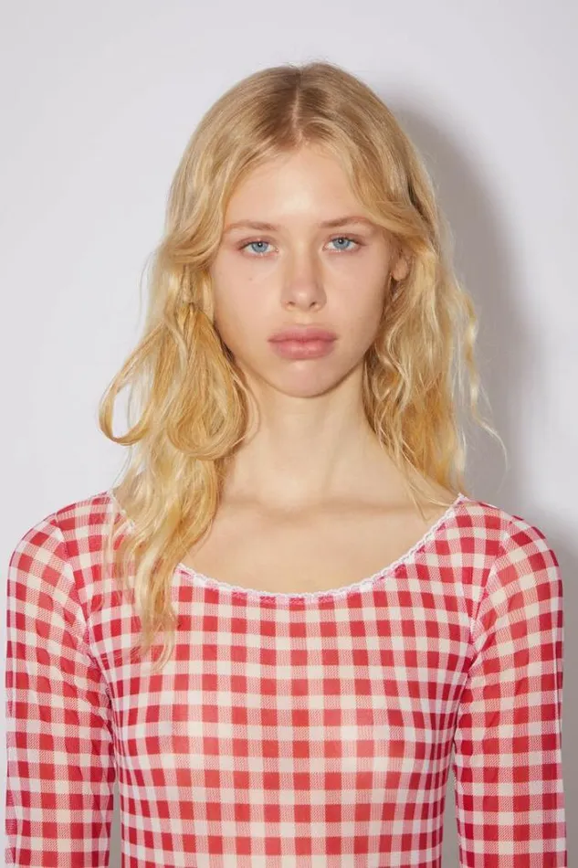 Acne Studios Tshirts Woman Gingham Body SuitRunway Show Cardinal Red
