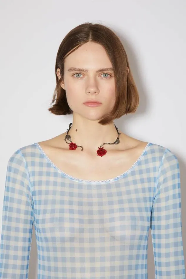 Acne Studios Tshirts Woman Gingham Body SuitRunway Show Ice Blue