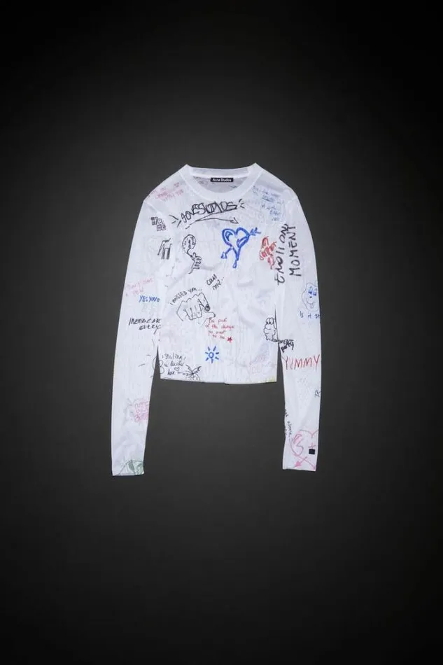 Acne Studios Tshirts Woman Scribbles Long Sleeve TshirtUnisex White Multicolor