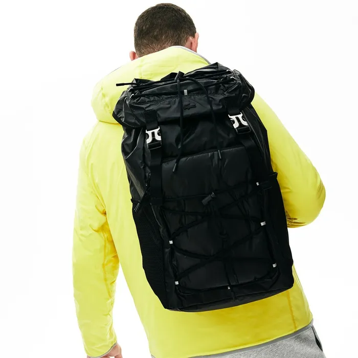 Altitude Drawstring Flap Nylon Backpack Black Mens Lacoste Bags Store