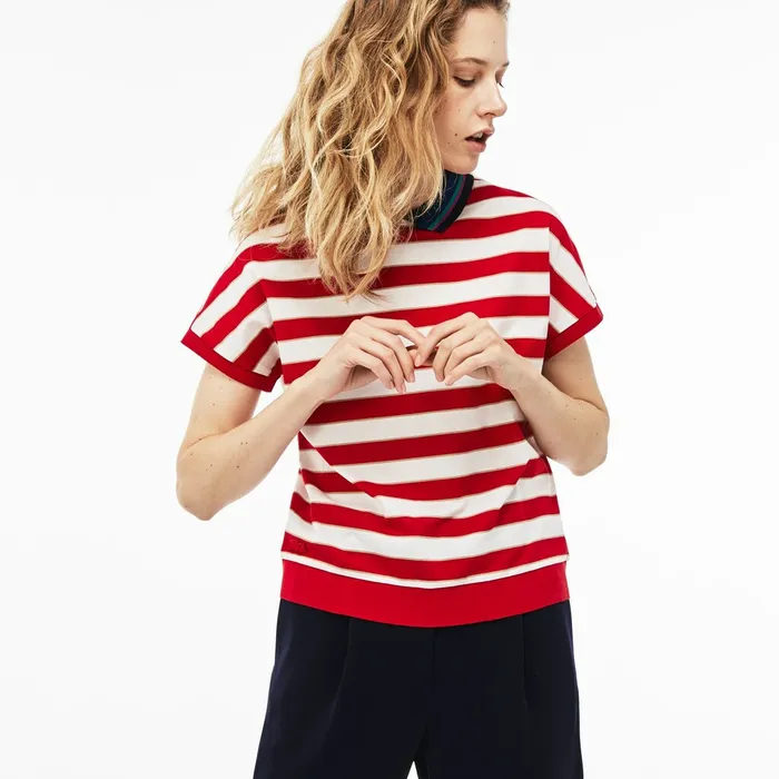 Back Button Colorblock Striped Piqu Polo WhiteRedNavy Blue Womens Lacoste Polos Store