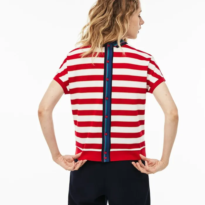 Back Button Colorblock Striped Piqu Polo WhiteRedNavy Blue Womens Lacoste Polos Store