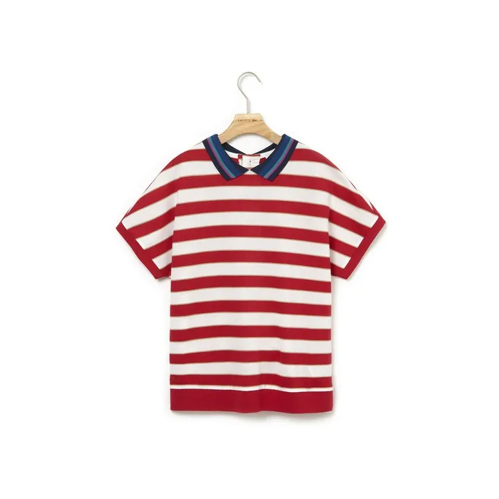 Back Button Colorblock Striped Piqu Polo WhiteRedNavy Blue Womens Lacoste Polos Store