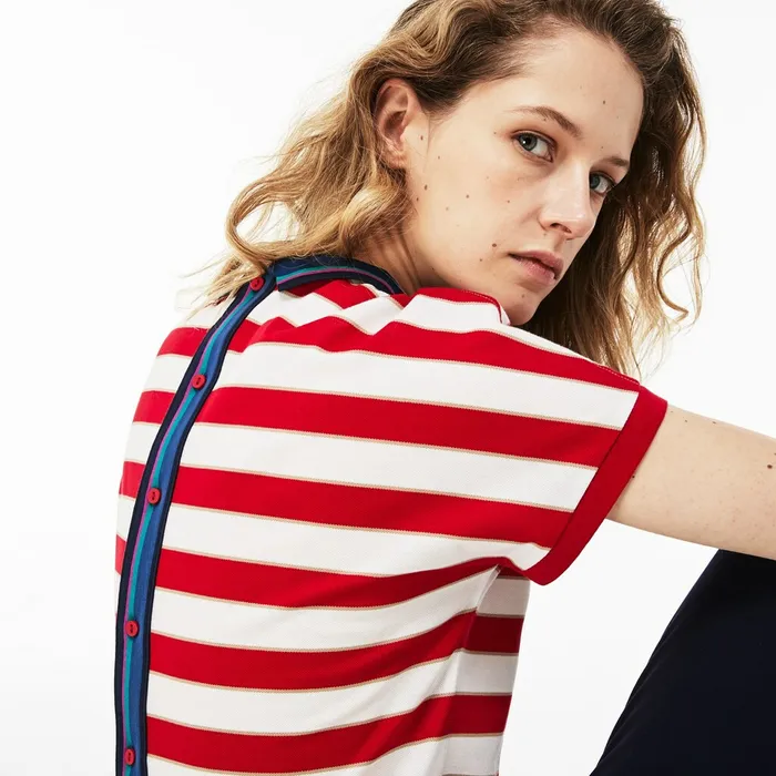 Back Button Colorblock Striped Piqu Polo WhiteRedNavy Blue Womens Lacoste Polos Store