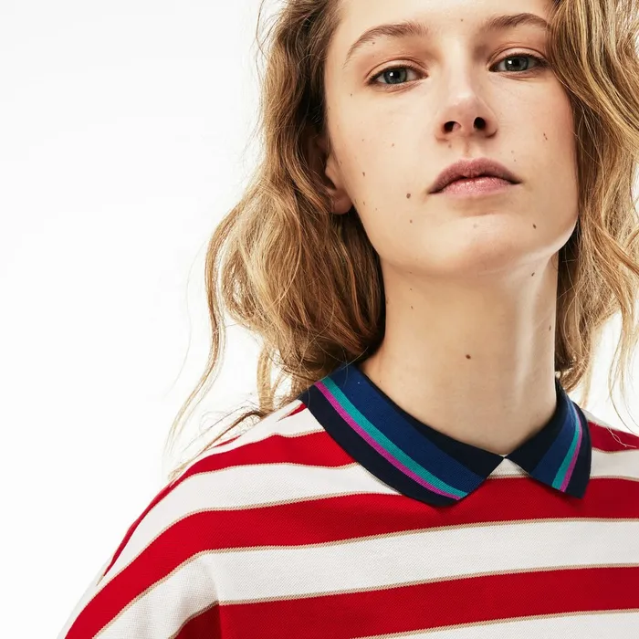 Back Button Colorblock Striped Piqu Polo WhiteRedNavy Blue Womens Lacoste Polos Store