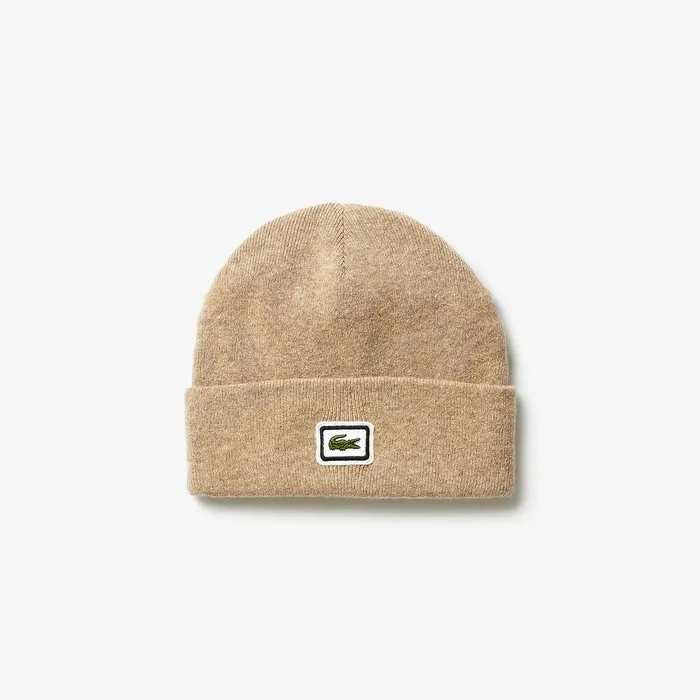 Badge Thick Wool Blend Beanie Beige Mens Lacoste Caps and Hats For Sale