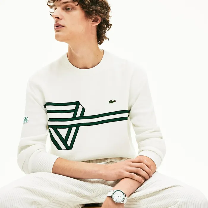 Band Design Heritage Knit Sweater WhiteBlackGreenWhite Mens Lacoste Sweaters Online
