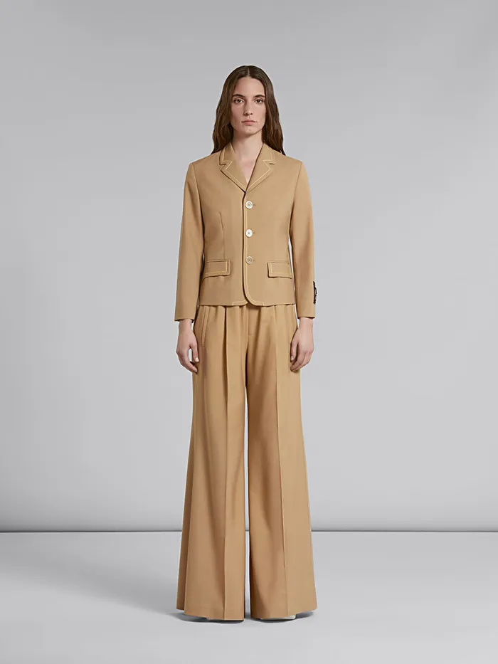 Beige Flared Wool Trousers With Logo Waist Women Marni Pants