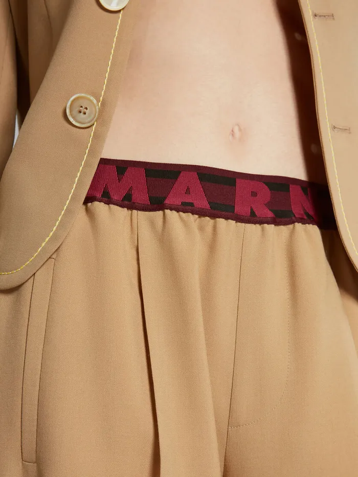 Beige Flared Wool Trousers With Logo Waist Women Marni Pants