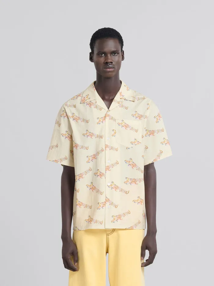 Beige Printed Organic Poplin Bowling Shirt Men Marni Tops and TShirts