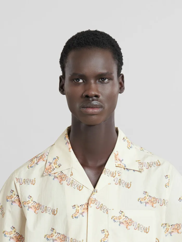 Beige Printed Organic Poplin Bowling Shirt Men Marni Tops and TShirts
