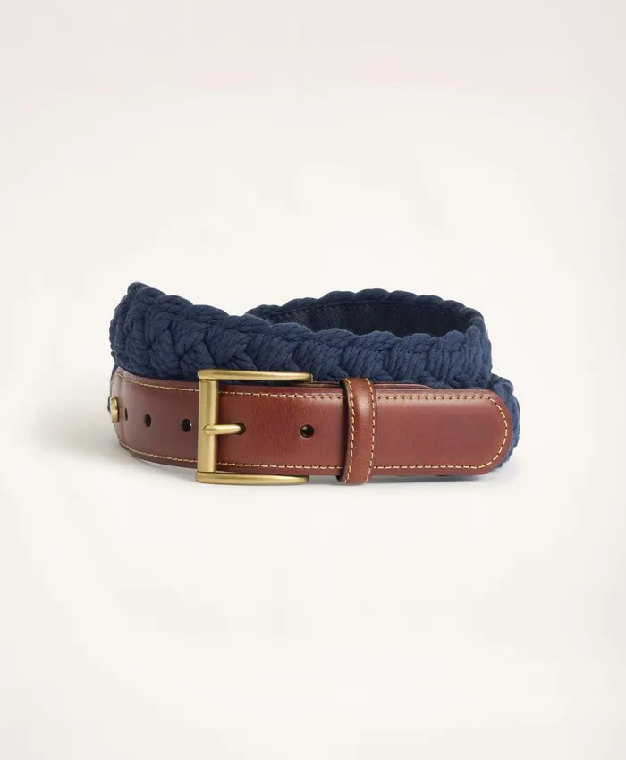 Belts Men Brooks Brothers Braided Cotton Leather Tab Belt Navy