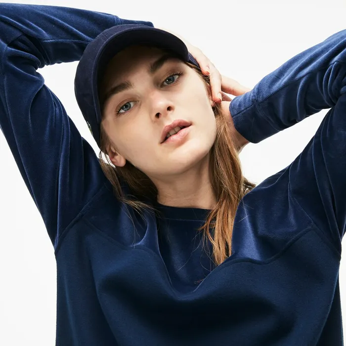 Bimaterial Velour and Terrycloth Jersey Sweatshirt Dress Navy Blue Womens Lacoste Dresses and Skirts Store