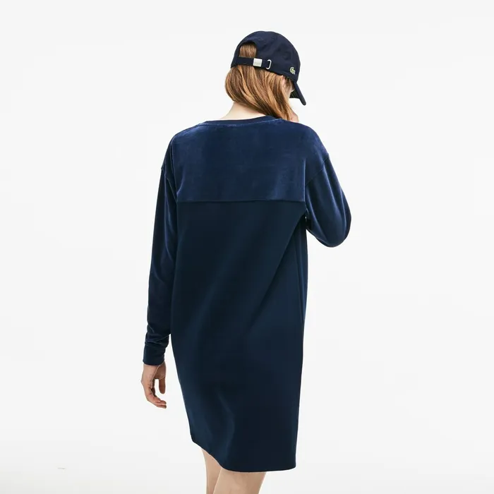 Bimaterial Velour and Terrycloth Jersey Sweatshirt Dress Navy Blue Womens Lacoste Dresses and Skirts Store