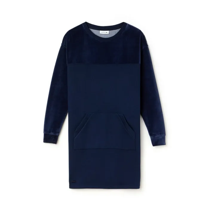 Bimaterial Velour and Terrycloth Jersey Sweatshirt Dress Navy Blue Womens Lacoste Dresses and Skirts Store