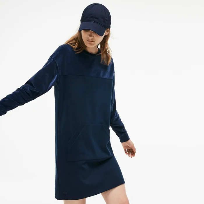 Bimaterial Velour and Terrycloth Jersey Sweatshirt Dress Navy Blue Womens Lacoste Dresses and Skirts Store