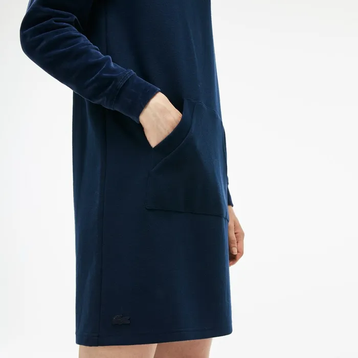 Bimaterial Velour and Terrycloth Jersey Sweatshirt Dress Navy Blue Womens Lacoste Dresses and Skirts Store