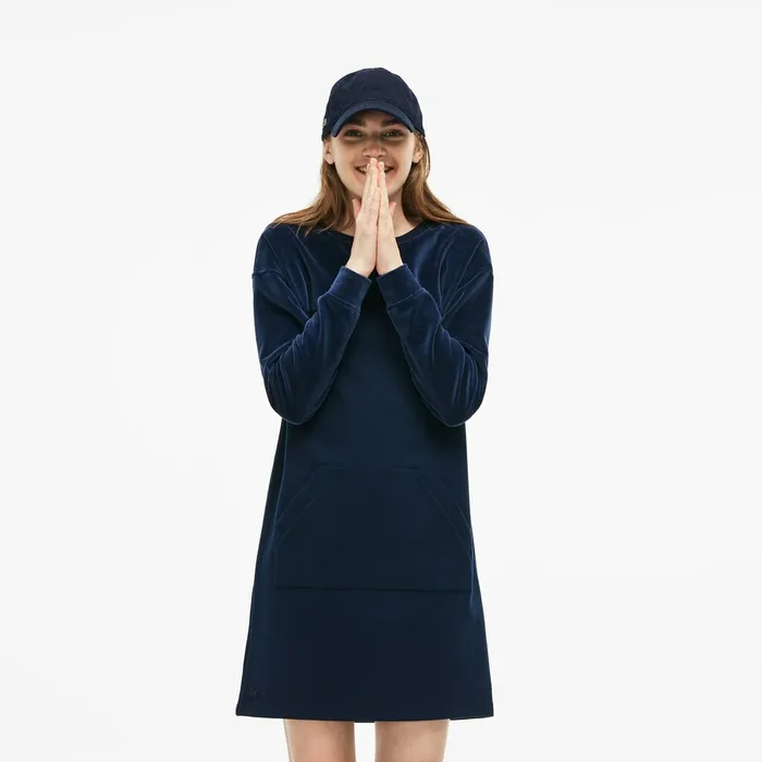Bimaterial Velour and Terrycloth Jersey Sweatshirt Dress Navy Blue Womens Lacoste Dresses and Skirts Store