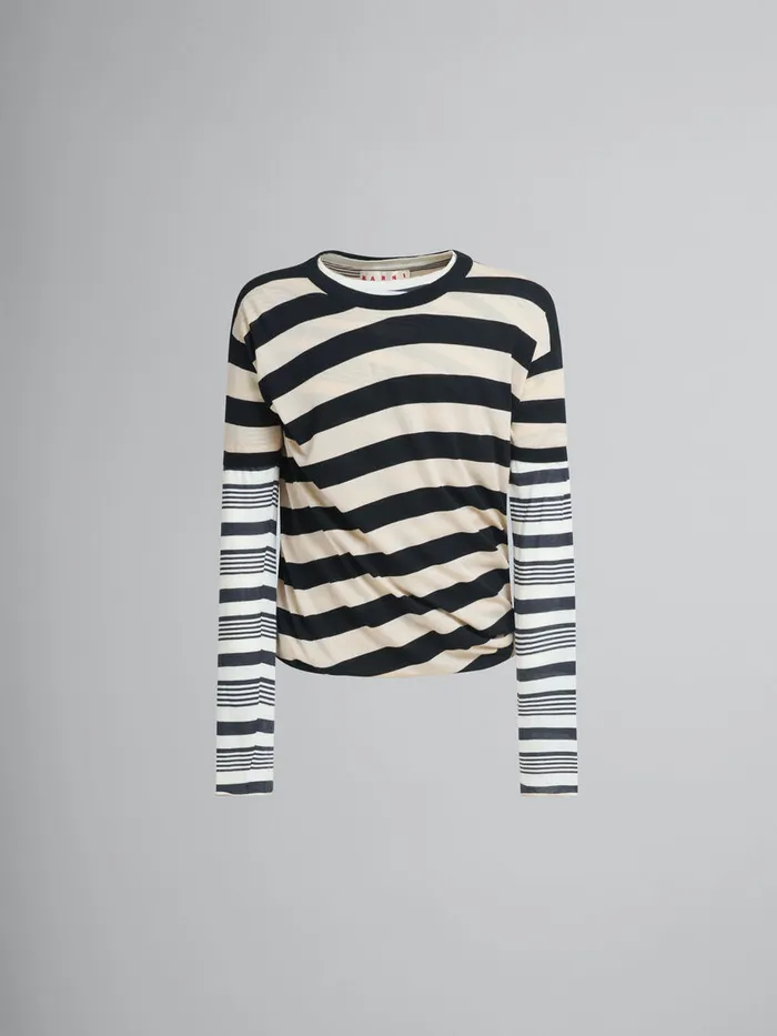 Black And White Layered Cotton Crewneck With Contrast Stripes Men Marni Tops and TShirts