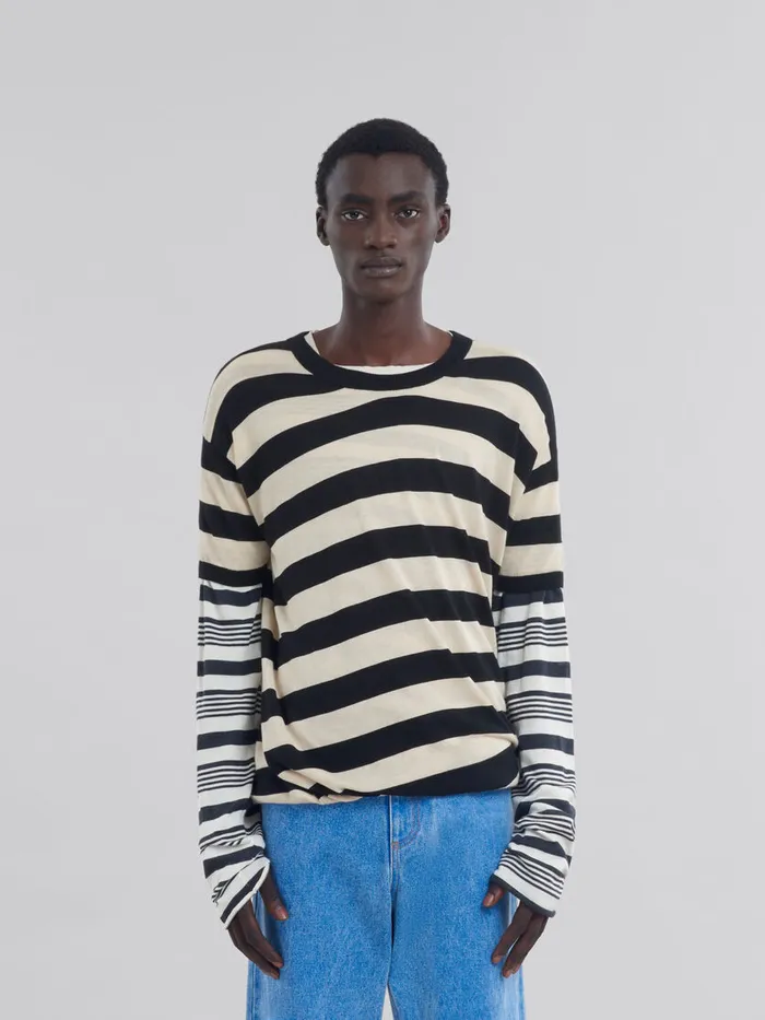 Black And White Layered Cotton Crewneck With Contrast Stripes Men Marni Tops and TShirts